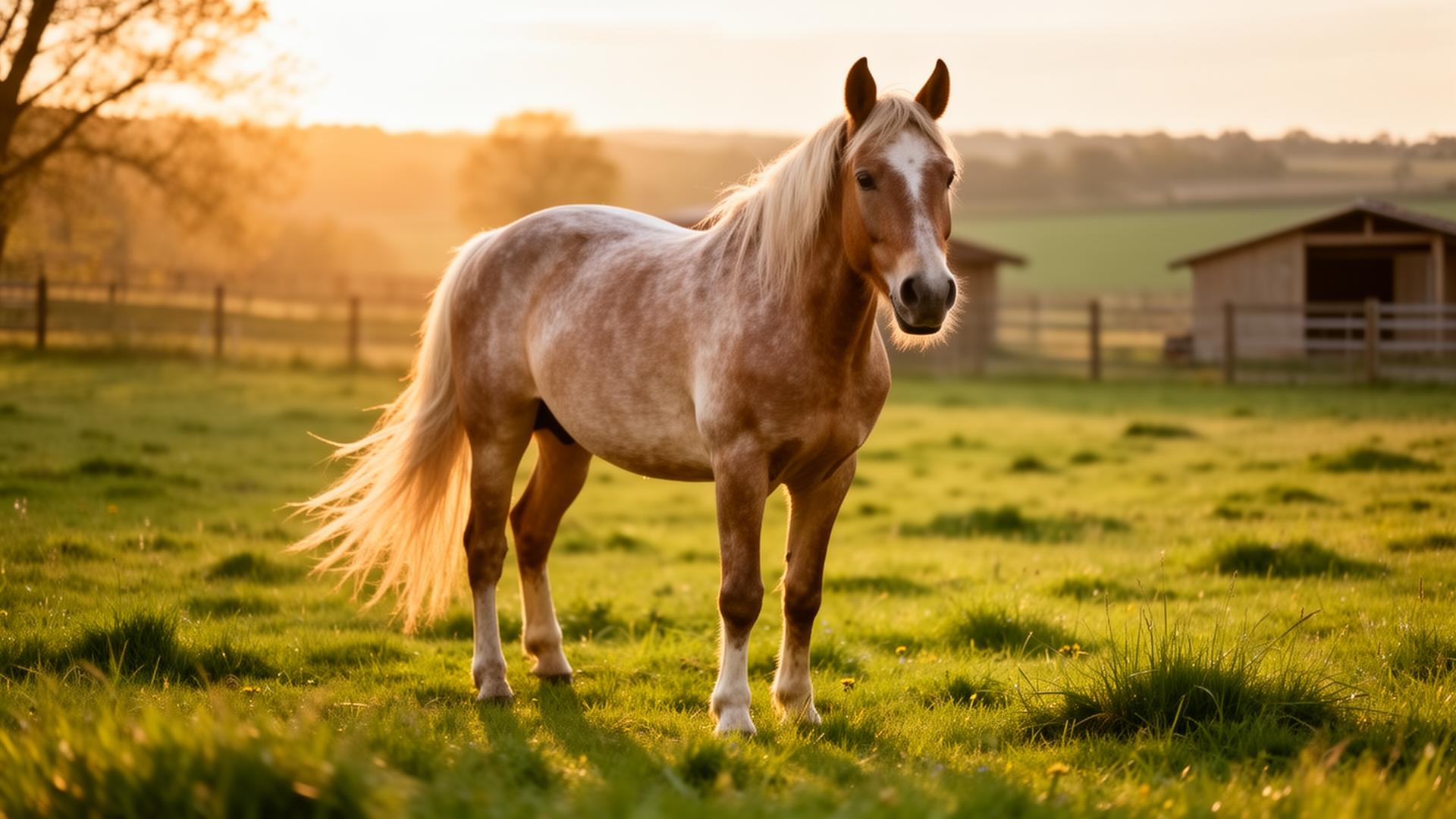 Cheval réformé des courses paissant librement dans un pré au coucher du soleil